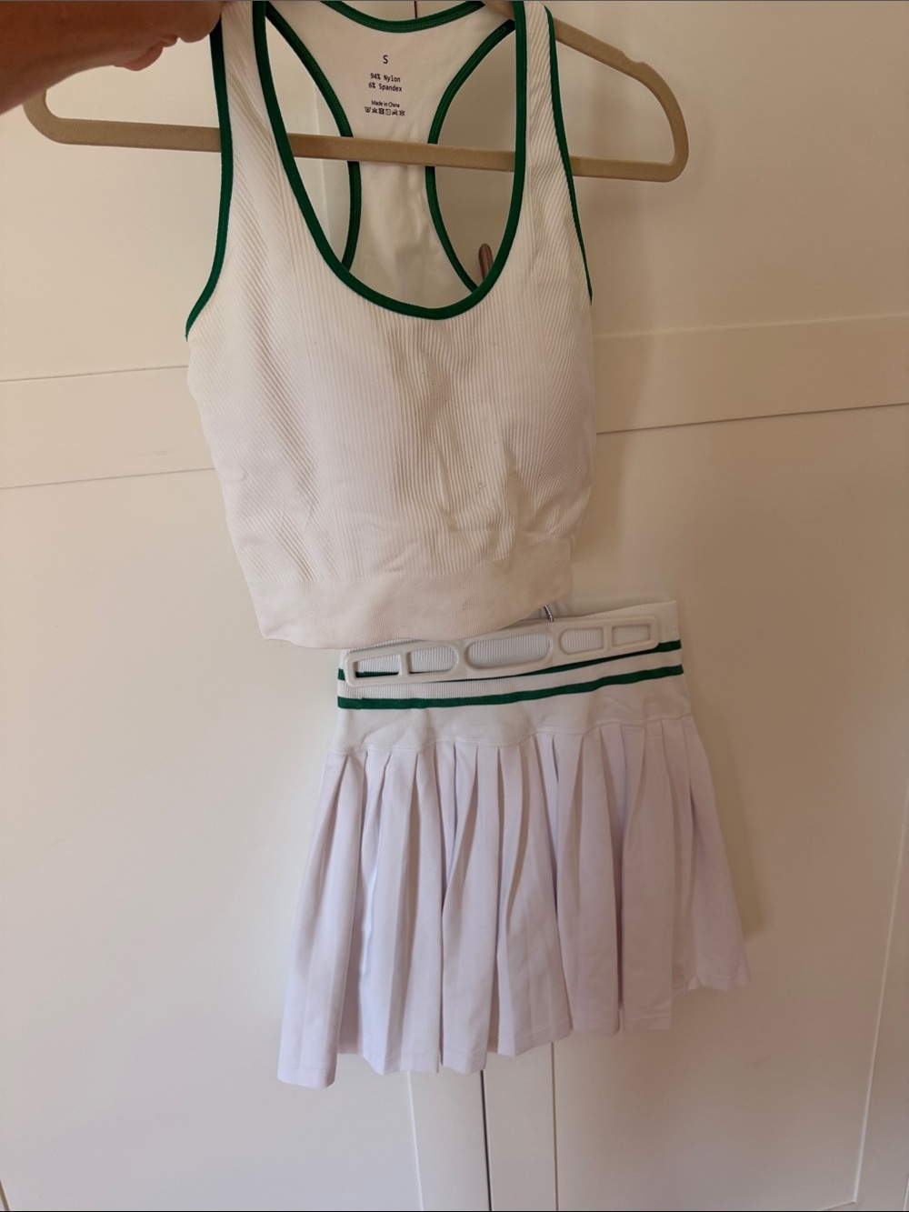 White Ribbed Sports Tank with Green Trim and White Pleated Skirt